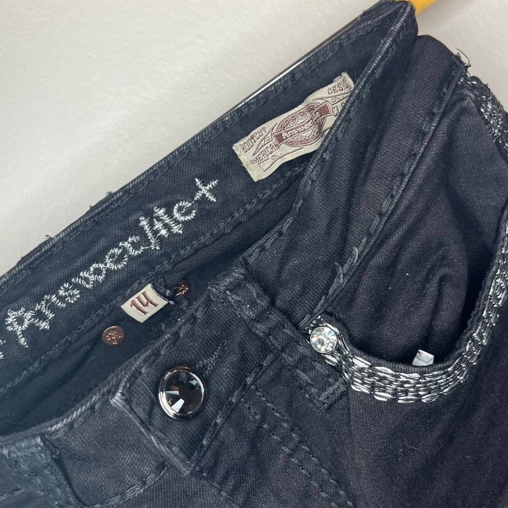 Answer Me Girls Black Bootcut Jeans Rhinestone Fleur De Lis Wings Y2K feel
